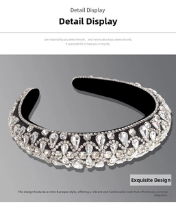 Macro detail of Baroque style wide headband with sparkling rhinestones on velvet base