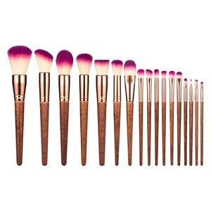 Professional 18-piece makeup brush set with purple ombre bristles and wood handles