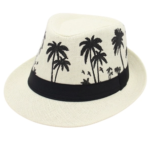 Straw fedora sun hat with palm tree patterns and black ribbon for beach vacations