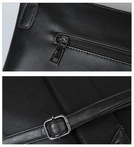 Detail shots of the black leather bag showing the zipper pocket and adjustable strap buckle