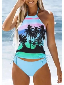 Women Tankini Swimsuit Top And Bottom Halter Neck Backless Tropical Palm Tree Floral Print Drawstring Bikini Swimwear