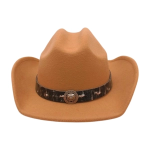 Detail of tan felt cowboy hat featuring vintage leather band with a lion head metal buckle