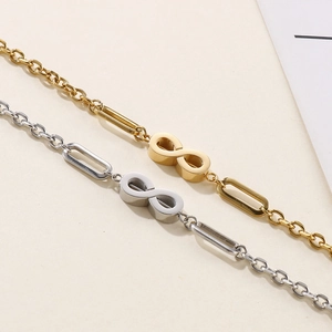Minimalist infinity symbol metal chain bracelet set in polished gold and silver finishes