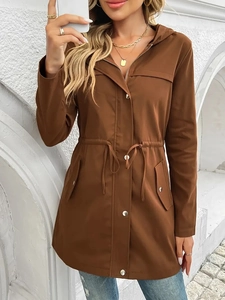 Women's dark brown hooded jacket with drawstring waist and metal buttons in a casual style