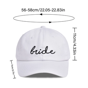 White cotton Bride baseball cap with black embroidery and adjustable 56-58cm fit