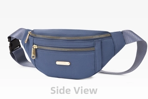 Detail view of water-resistant navy blue fabric texture with gold zippers and metal logo