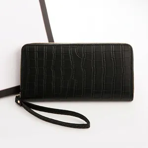 Classic black crocodile pattern long wallet for women with zipper closure and wrist strap