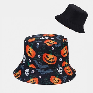Halloween Pumpkin Skull Print Bucket Hat Reversible Double Sided Polyester Sunshade Party Accessory Casual Unisex