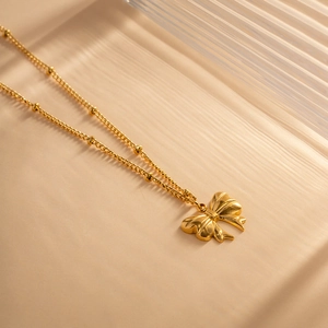 Elegant 18K gold plated stainless steel bead chain necklace with butterfly pendant