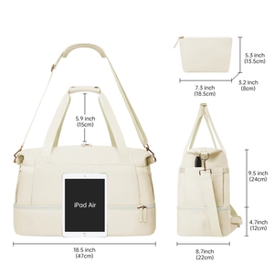 Waterproof cream duffel bag with shoe compartment and matching accessory pouch