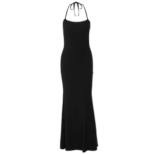 Detail view of the elegant halter neck strap and open back of this slim black maxi dress