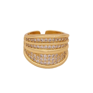 Golden multi-layer geometric ring with micro-paved cubic zirconia crystals for women