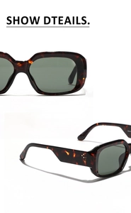 Detail of tortoise shell rectangular sunglasses with metal rivets and green lenses