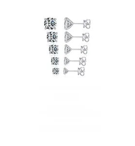 Detailed set of five round brilliant-cut moissanite silver studs in varying sizes