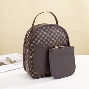 Vintage dark brown printed backpack with matching mini pouch and adjustable straps