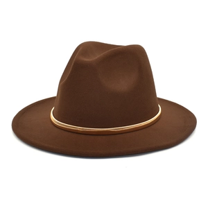 Detail of dark brown wool fedora hat featuring a stylish gold metal accent band