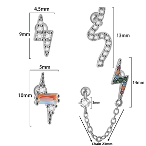Detailed sizes of lightning and wave ear studs with white and blue zircon and chain