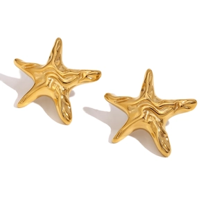 Polished gold starfish stud earrings with textured wavy surface on white background