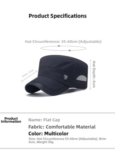 Detail of navy flat top cap with breathable mesh sides and metallic shield emblem