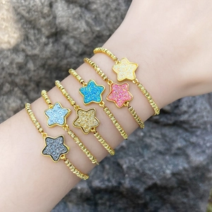 Women Adjustable Star Pendant Bracelet Copper 18K Gold Plated Minimalist Druzy Stone Fashion Jewelry