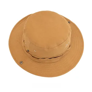 Top view of khaki cotton sun hat featuring outdoor embroidery and metal side snaps
