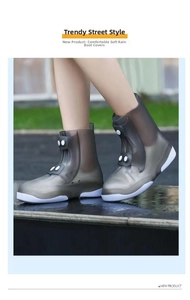 Smoky gray translucent waterproof shoe cover with thick non-slip sole in rain scene