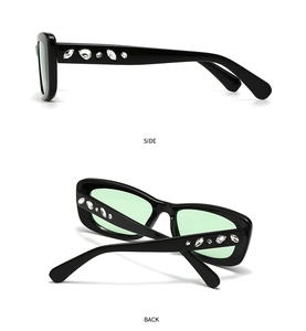 Side and back view of small square black sunglasses with sparkling rhinestone details