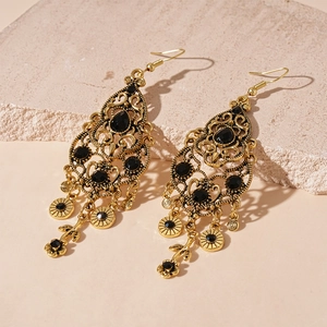 Vintage gold hollow-out teardrop earrings with black stones and floral pendants