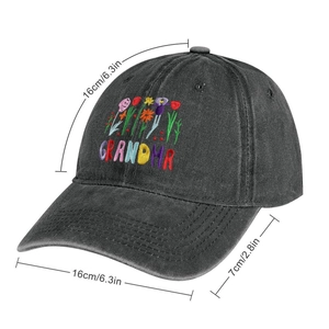 Detailed dimensions of washed denim baseball cap with embroidered GRANDMA text and flowers