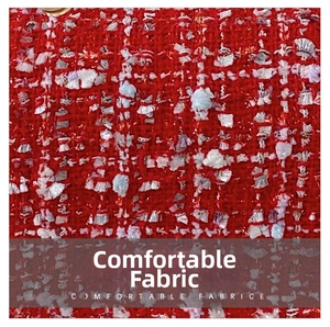 Macro detail of red tweed fabric featuring woven red white and purple fibers for kids bag