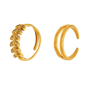 18K gold plated open ring set with hollow leaf wheat patterns and zircon stones