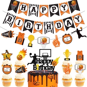 Basketball theme birthday party set with Happy Birthday banner cake toppers and swirls