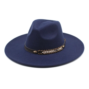 Classic dark blue wool wide brim fedora hat with studded leather band decoration