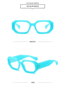 Front and side view of trendy sky blue thick frame square sunglasses with wide temples