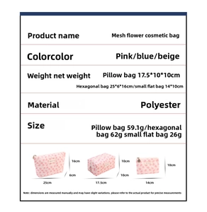 Three sizes of mesh floral cosmetic bags with dimensions for pillow, hex, and flat styles