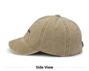 Detail of vintage washed khaki baseball cap featuring MENT embroidery on the side