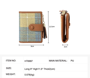 Detail of yellow and blue plaid coin purse with brown PU fringe and dimensions info
