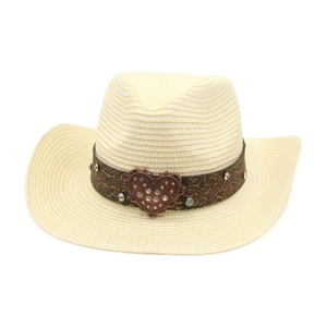 Women's straw cowboy sun hat with ethnic brown band and heart rhinestone buckle.