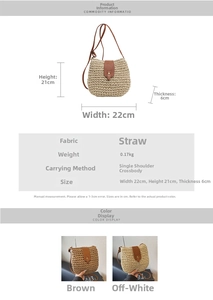 Detailed dimensions for the straw woven crossbody bag measuring 22cm by 21cm by 6cm