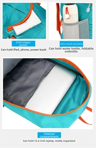 Detail of green hiking backpack showing large interior compartment for a 15.6 inch laptop