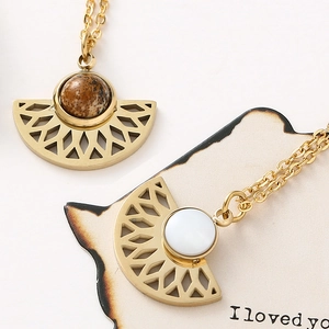 Bohemian gold stainless steel fan-shaped necklace with geometric hollow design and stones
