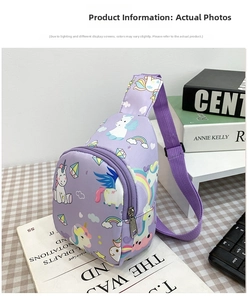 Close-up of pink unicorn chest bag with adjustable purple strap and metal zipper detail