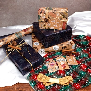 Vintage kraft Christmas gift wrapping paper set with tags, twine and festive patterns