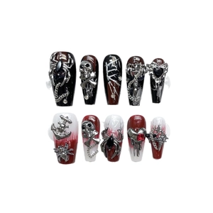Gothic handmade press-on nails with black-red gradient and 3D silver metal charms