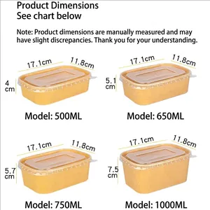 Disposable kraft paper food containers in 500ml to 1000ml sizes for takeout and picnic