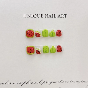 Children Press On Nails Watermelon Pattern Handmade Style Waterproof Kids Fake Nail Tips Colorful Summer Sweet Beauty