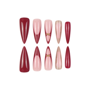Long almond press-on nails in deep red and pink with golden bead accents 24pcs set