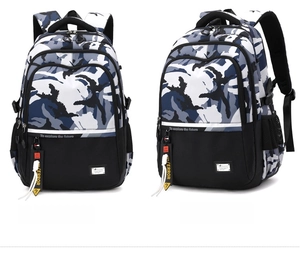 Detailed view of camo backpack featuring a yellow Error strap and side mesh pockets