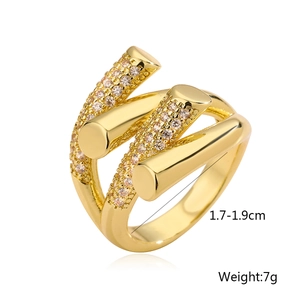 Irregular geometric gold ring with layered bands and sparkling zircon stones for women