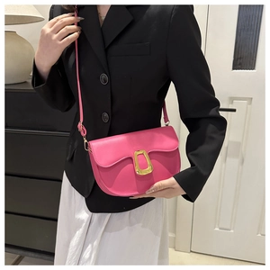 Detail of pink saddle bag featuring gold metal clasp and adjustable shoulder strap